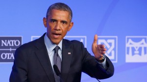 U.S. President Barack Obama speaks at a news conference on the second and final day of the NATO summit at the Celtic Manor resort, near Newport
